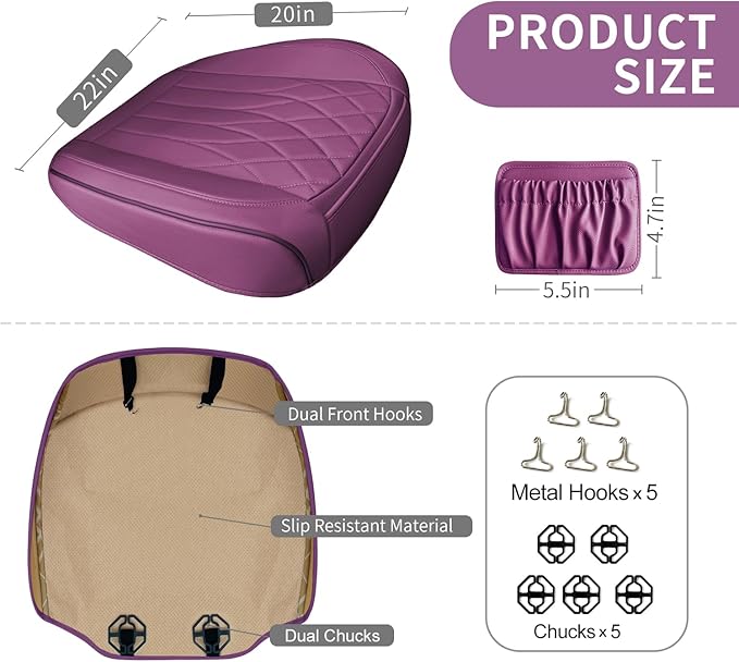 BEITK 2 Pack Leather Front Car Seat Cover Bottom Car Seat, Universal Anti-Slip Driver Car Seat Protectors with Storage Pocket, Waterproof Bottom Auto Seat Cushion Pad Mat for Most Vehicles(Purple)