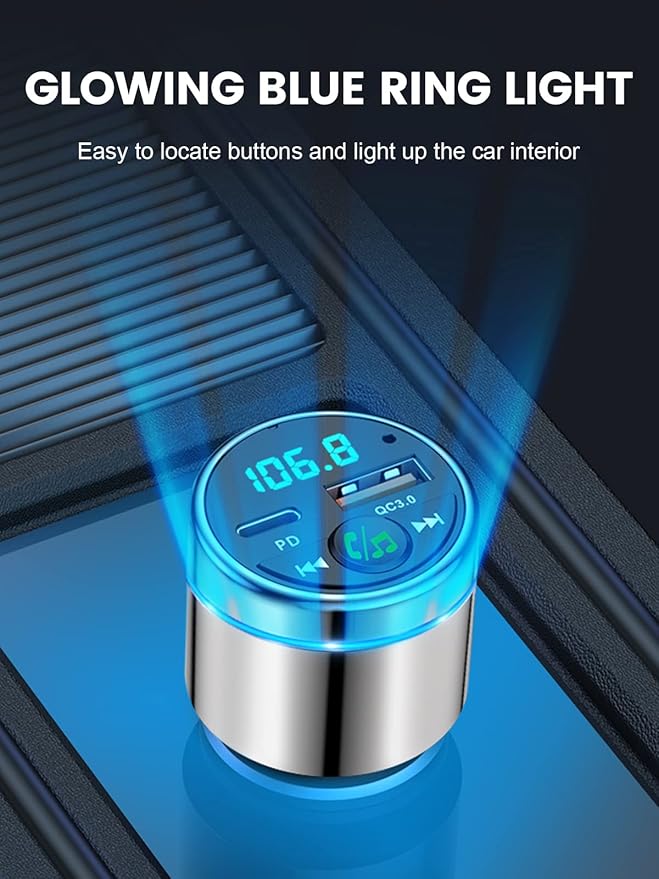 RIWUSI FM Transmitter for Car Bluetooth 5.3, [All-Metal] PD 30W & QC3.0 18W Fast Car Charger, Wireless FM Radio Kit Bluetooth Car Adapter, Noise Cancelling Hands-Free Call, Blue Light - Silver
