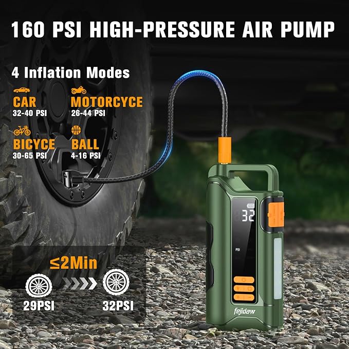 Jump Starter with Air Compressor,5000A Car Battery Jumper Starter, 16000mAh Battery Jumper Starter Portable for 10L Gas/Diesel Engine with 160PSI Booster,LED Display & Light,Jumper Cables
