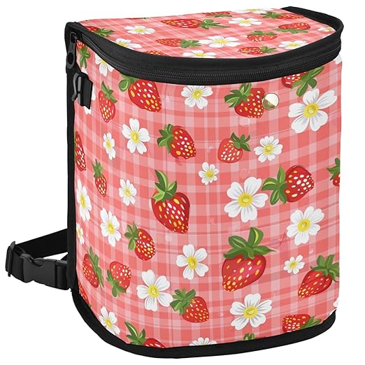 Strawberry Florals Checkered Plaid Car Trash Can Car Garbage Bag with Lid Hanging Waterproof Leak Proof Vehicle Storage Bin