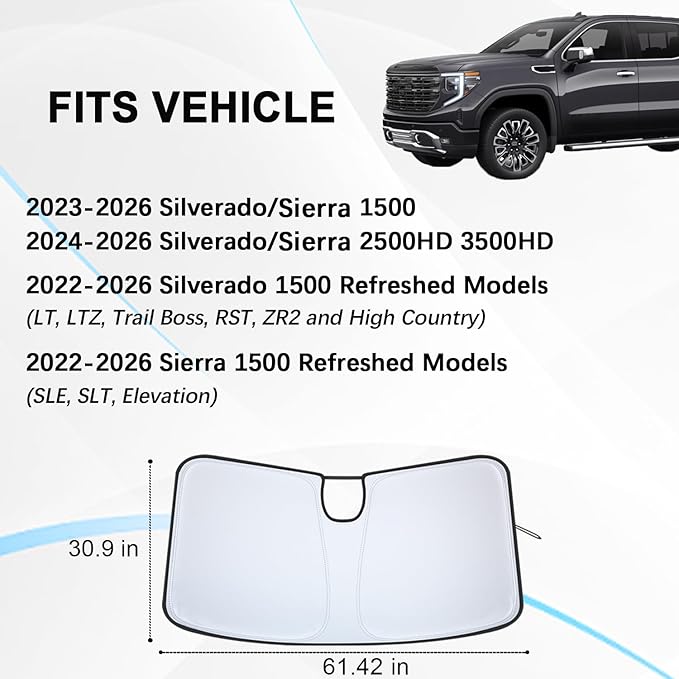 Windshield Sun Shade for 2022-2026 Refreshed Chevy Silverado 1500/GMC Sierra 1500, 2024-2026 Silverado/Sierra 2500HD 3500HD Front Windshiled Sun Visor UV Protection Foldable Sunshade