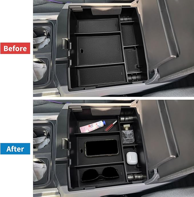 Zxiaochun Center Console Organizer for 2023 2024 2025 2026 Ford F250 F350 F450 F550 Super Duty, Plastic Armrest Storage Box Tray, ABS Material with Non-Slip Mats (Full Console w/Bucket Seats ONLY)