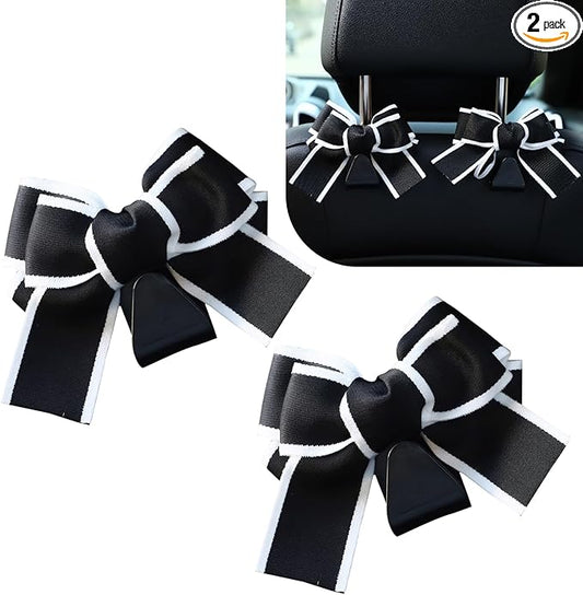 2PCS Car Seat Headrest Hooks, Car Purse Hooks, Cute Bow Shaped Auto Rear Seat Storage Hook Hanger for Purses and Bags, Auto Interior Decoration Accessory for SUV Sedan Truck (Black-White)