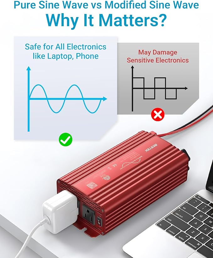 BESTEK 500W Pure Sine Wave Power Inverter DC 12V to AC(2 Outlets) 110V Car Charger Plug Inverter Adapter Converter with 4.2A Dual USB Charging Ports, ETL Listed