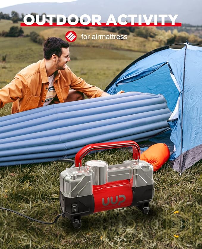 UUP Tire Inflator Air Compressor, 150PSI 12V DC Double Cylinders Heavy Duty Portable Air Pump w/Emergency LED Light for Truck, SUV, Car, RV (red)
