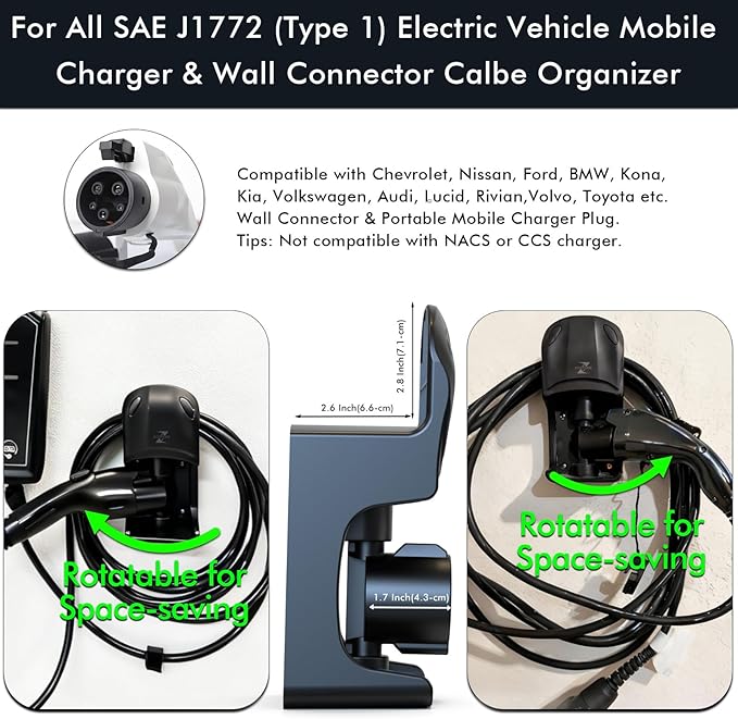 EV Charging Cable Holder, Swivel Electric Car Charger Wall Mount with 3-Types Wall Anchor for All Walls, J1772 Holder for Tight Garage, Outdoor Cord Organizer Use, Save 50% Space