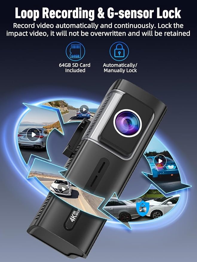 3 Channel 5G WiFi Dash Cam, 4K+1080P+1080P Dash Cam Front and Rear with 64GB Card, Dash Camera for Car with HDR IR Night Vision, G-Sensor, 24/7 Parking Mode, WDR, Support 128GB Max - Silver