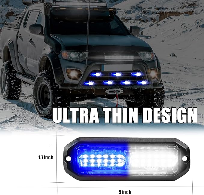 WINECO Blue/White 8pcs Ultra Slim LED Emergency Strobe Police Lights, Surface Mount Grill Grille Hazard Safty Warning Flashing Light for Volunteer Trucks Vehicles