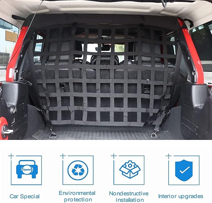 Pet Isolation Net, Safety Mesh Dog Barrier Compatible with 2007-2025 Jeep Wrangler JK JL & Gladiator JT 4-Door, Easy to Install, Fit Behind Rear Seat, Suitable for Medium, Large Pets ﻿
