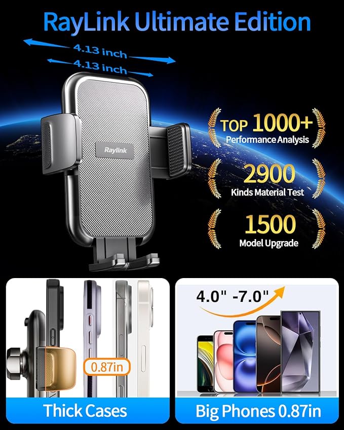 RayLink【2026 True Military-Grade Car Phone Holder【Upgraded Strongest Suction & Clip】 Universal Cell Phone Mount Truck Stand for Dashboard Windshield Vent for iPhone 17 Pro Max 16 15 Samsung