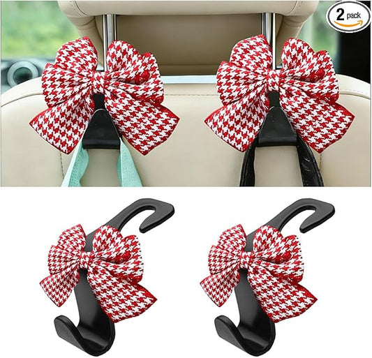 2PCS Car Seat Headrest Hooks, Cute Bow Vehicle Backseat Storage Hanger for Handbag Umbrella Coat, Automotive Seat Back Hook Holder Organizer Decor, Universal for Vehicles (Red Houndstooth)