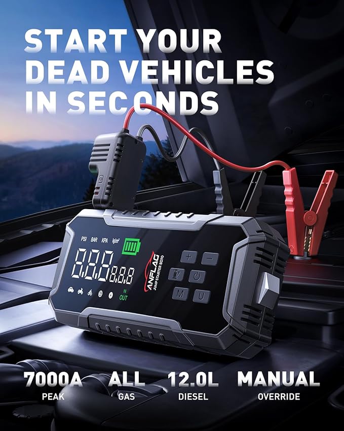 Car Jump Starter with Air Compressor 160PSI, 7000A Car Battery Jumper Starter Portable 12V Jump Box(All Gas/12L Diesel), Cordless Tire Inlfator, 26800mAh Powerbank, Led Lights, Safety Hammer
