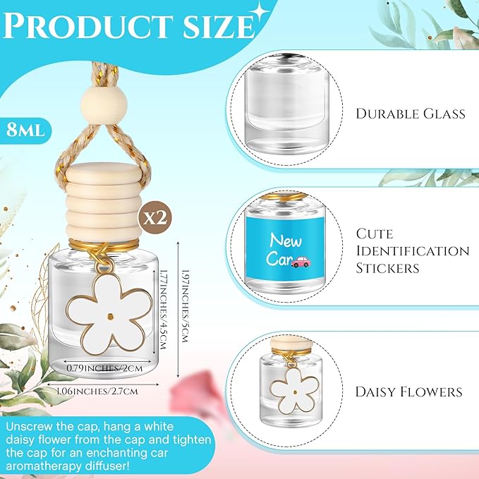 Siifert 2 Sets Hanging Car Air Freshener and Essential Oil Diffuser, Car Air Freshener Daisy Essential Oil Diffuser Long Lasting Automobile Aromatherapy(White,New Car)