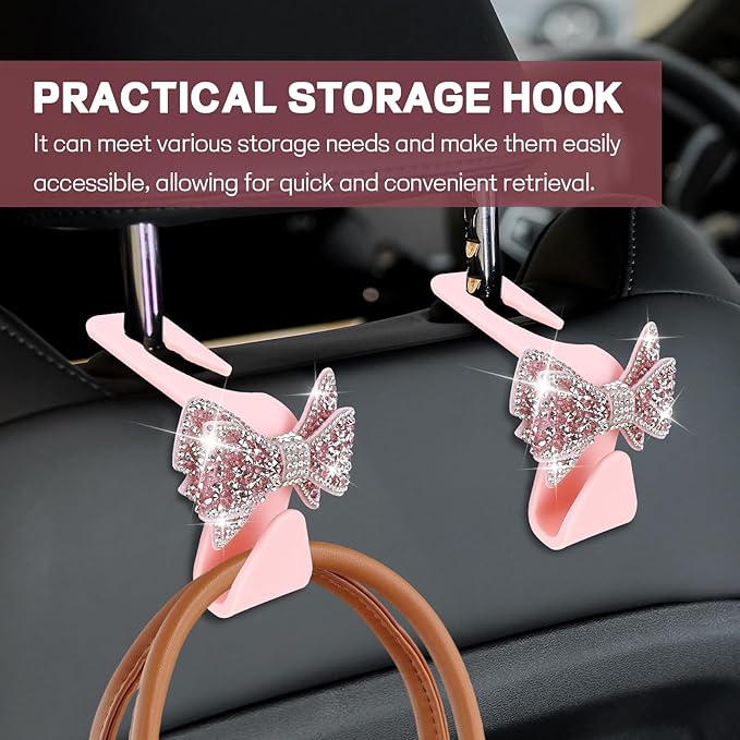 2PCS Bling Bow Car Seat Headrest Hook, Cute Bow Purse Hanger for Cars, Crystal Rhinestone Auto Seat Back Storage Hanging Hooks for Handbag Umbrella Coat Grocery Bags, Car Accessories (Pink)