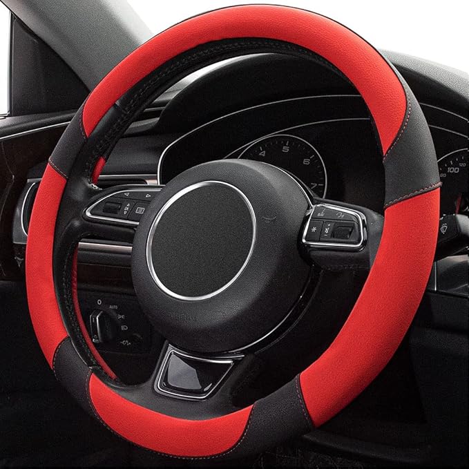 Xizopucy Red Steering Wheel Cover with Microfiber Leather for Car Truck SUV, Anti-Slip Steering Wheel Cover 15 inchs