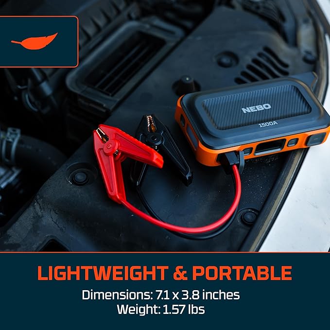 NEBO 1500A Jump Starter | 1500 Amps, 29.9Wh Power Supply, Portable Jump Box, Restarts 12V Trucks & SUVs Car Battery, Integrated Emergency Floodlight, USB Multi-Device Charging, Spark-Proof Safety