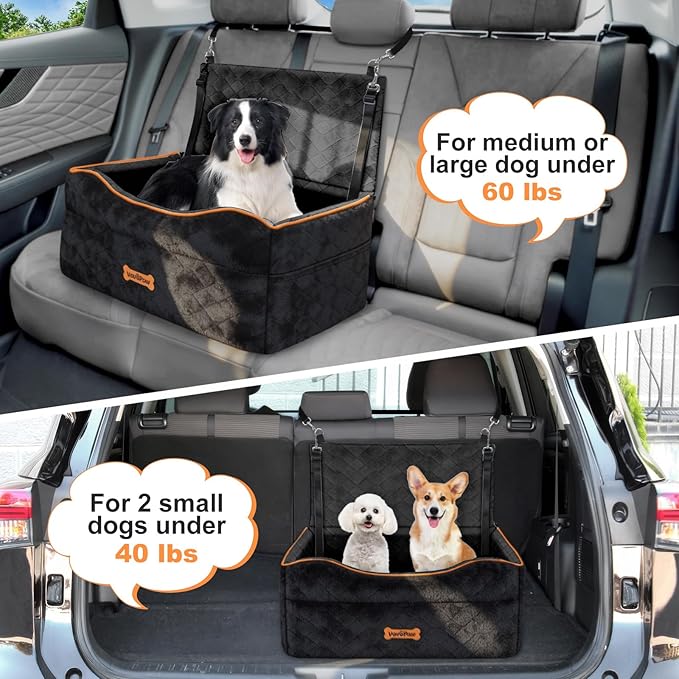 VavoPaw Medium Dog Car Seat, Dog Booster Seat Under 50Lbs or 2 Small Dogs Washable, Pet Car Seats with 2 Safety Leash, Dogs Sofa Bed Cushion Add Thick Sponge, Pet Cars Carrier for Travel, Black