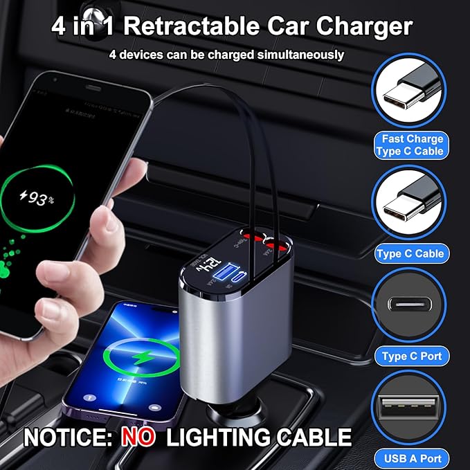 Retractable Car Charger 4 in 1 USB C Fast Charger with Dual Type-C Cables (31.5 inch) with Voltage Display Compatible with iPhone 16/15 Pro Max Samsung Galaxy Note(2 Pack)