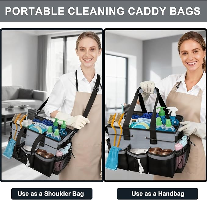 Large Cleaning Caddy Bag 15" x 10½" x 9" Heavy-Duty Organizer Tote for Home, Housekeepers, Janitors Cleaning Caddy for Cleaning Supplies with Shoulder Strap & Multiple Pockets (Gray)