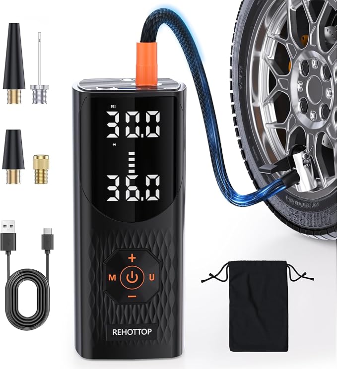 REHOTTOP Tire Inflator Portable Air Compressor, 160 PSI Cordless Air Pump for Car Tires with Digital Pressure Gauge, LED Light & Auto Shut-Off, 5X Fast Inflation for Car, Motorcycle, Bicycle, Ball