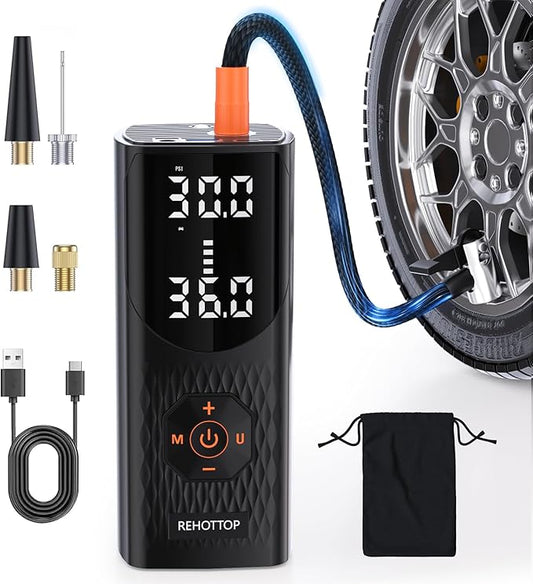 REHOTTOP Tire Inflator Portable Air Compressor, 160 PSI Cordless Air Pump for Car Tires with Digital Pressure Gauge, LED Light & Auto Shut-Off, 5X Fast Inflation for Car, Motorcycle, Bicycle, Ball
