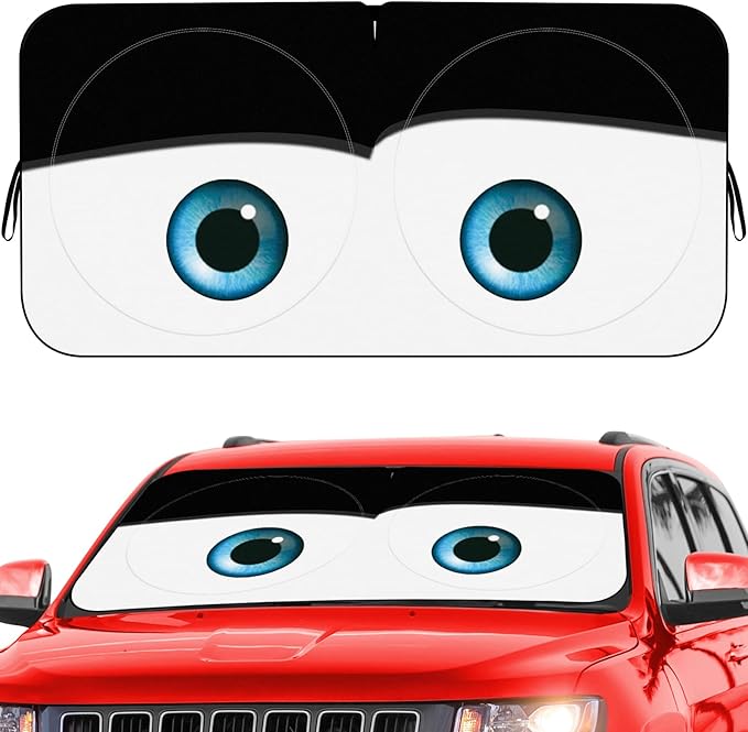 Car Windshield Sun Shade, Funny Eyes Sun Visor for Car Windshield, Wear-Resistant Black Tape, Foldable 59‘’x27.5‘’/63''x31.5''
