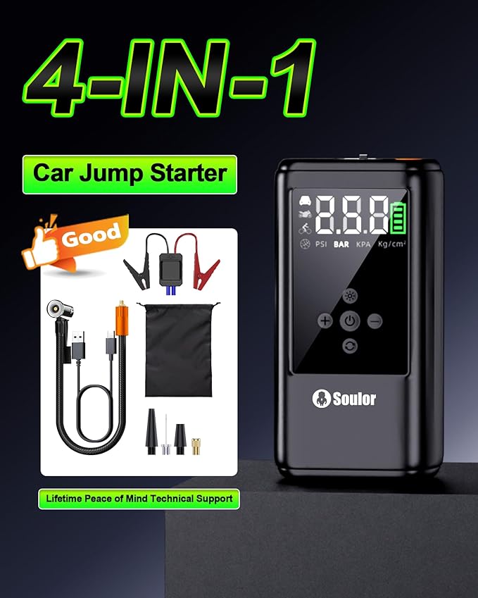 Jump Starter with Air Compressor, 6000A Car Battery Jumper Starter with 160 PSI Tire Inflator Portable, LED Display for 10L Diesel All Cars Engines, Jumper Cables and Light