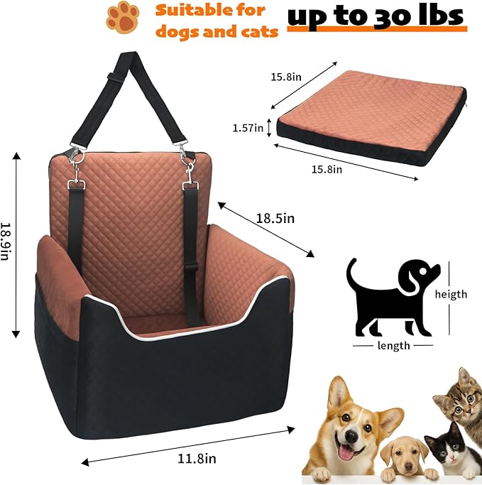 ALL GOOD PET SUPPLIES Dog Car Seat for Small/Medium Dogs Under 35lbs, Soft Booster Car Seat with Detachable Washable Cover and Cushion, Puppy Dog Car Bed, Black/Brown