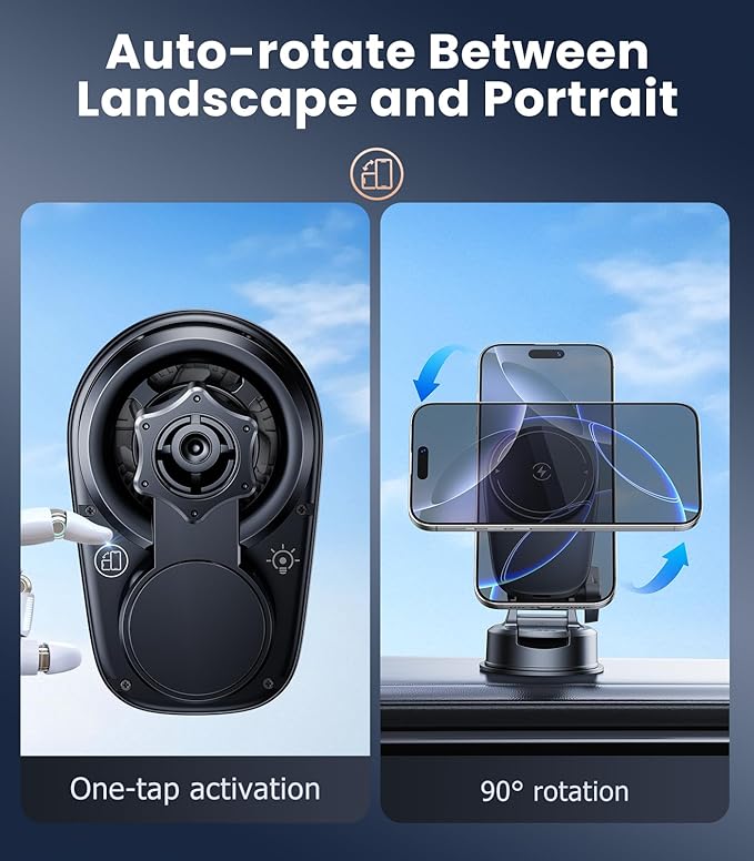 Wireless Magnetic Car Phone Holder Mount with Cooling Fan & RGB Lights, 15W Fast Charging Auto-Rotate Suction Cup Charger for iPhone 17/16/15/14/13 S25 Samsung, Car Dashboard/Windshield Mount