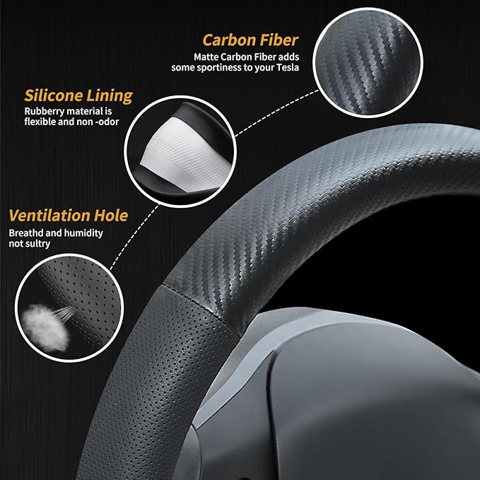 Uxcer Carbon Fiber Leather Steering Wheel Cover for Tesla Model 3/Y 2016-2025 2026 Juniper/Highland, Non-Slip Breathable Steering Wheel Protector for Tesla Model 3/Y Accessories 2026