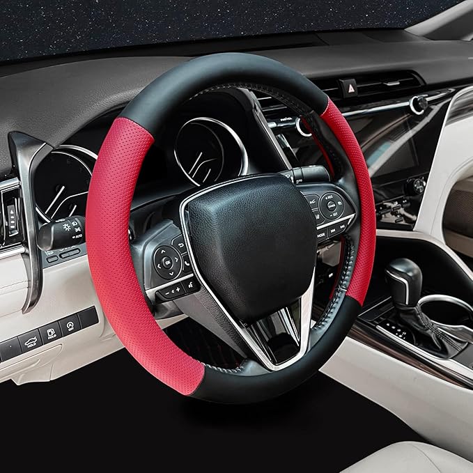 Steering Wheel Cover Standard Size 14.5-15 inch, Non-Slip Car Wheel Cover Protector, Breathable Microfiber Leather, Black and Red