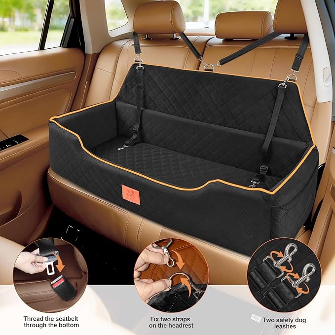 XIEEAOZEE Large Dog Car Seat for Dods Under 100 Lbs, Memory Foam Dog Car Bed for Backseat & Trunk, Detachable and Washable Cover, Pet Travel Seat with Storage Pockets, 2 Safety Belts