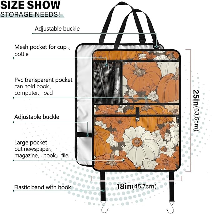 Thanksgiving Pumpkins Flowers Orange 1 Pack Backseat Car Organizer with Storage Pockets Seat Back Organizers for Kids Kick Mats Backseat Protector Automotive