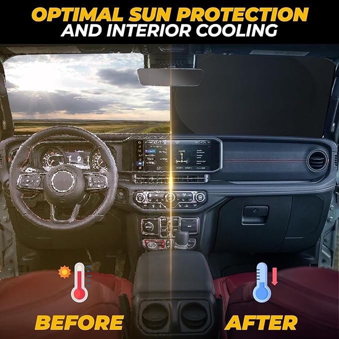 Jeep Windshield Sun Shade - 240T Thickened Material, X-Small (60" x 21"), Windshield Sun Visor Keeps Car Interior Cool, UV Heat and Dashboard Protects, fits with Wrangler, Gladiator and Rubicon