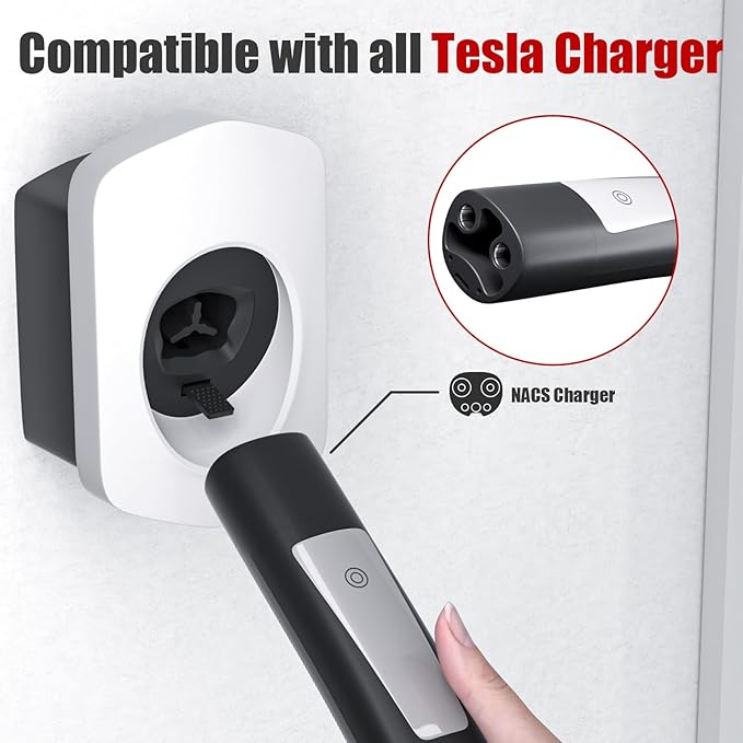 Tesla Charger Holder, Car Tesla Charging Cable Organizer | Nozzle-Holster Dock| Wall Mount| Screws| NACS| White| Electric Vehicle Holder & Wallbox Accessories for Tesla Owners