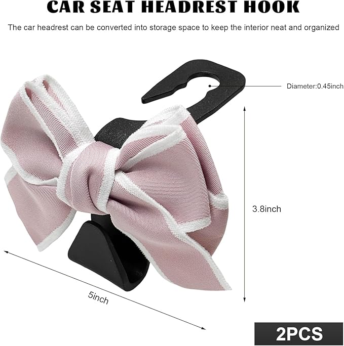 2 PCS Car Seat Headrest Hooks, Adorable Bow Knot Storage Hooks Multipurpose Vehicle Headrest Organizer, Auto Seatback Bowknot Hanger Interior Decoration for Car Truck SUV (Pink)