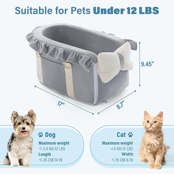 Jaoul Dog Car Seat for Small Dogs - Fully Detachable with Adjustable Straps Center Console Dog Booster Seat - Comfortable Bow Design Pet Car Seats - Portable Pet Booster Seat for Puppy, Cat (Gray)