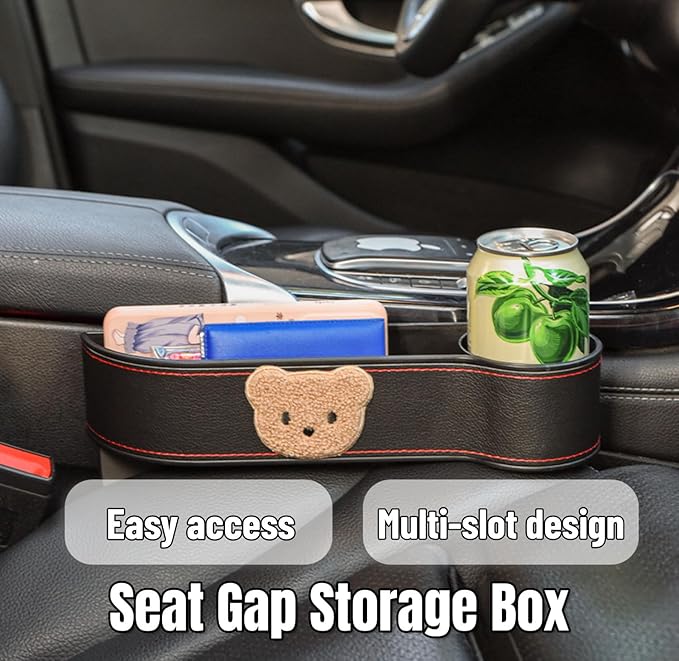 2 Pack Leather Cup Holder for Car Seat Gap Organizer Cute Bear Multifunctional Car Seat Storage Box for Mug Phone Keys Black