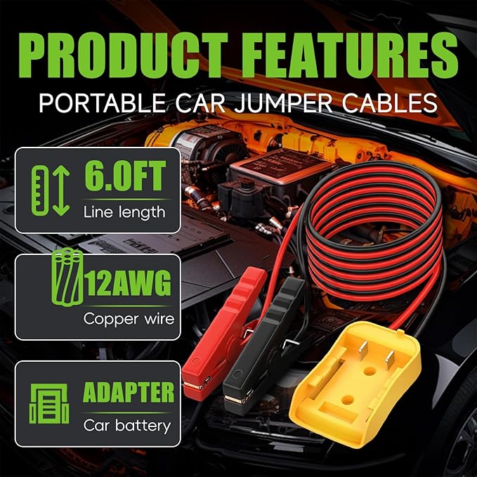 Adapter 20v with 6ft Jumper Cable Clamps Portable car Jump Starter for dewalt Jumper Power wheelscharger for dewalt Power Wheels Adapter