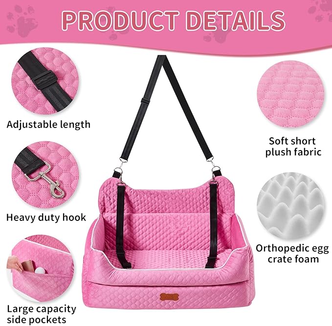 Dog Car Seat for Large/Medium Dogs - Memory Foam Dog Booster Seat for Under 55Lbs or 2 Small Dogs-Detachable and Washable Travel Bed with Thick Cushion and Storage Pockets-Pink