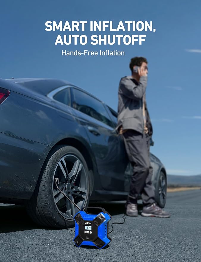 AstroAI Air Compressor Tire Inflator Portable Air Pump for Car Tires, 12V DC Integrated Metal Structure Tire Pump 160PSI with LED Light for Cars, Bicycles, Motorcycles, and Other Inflatables(Blue)