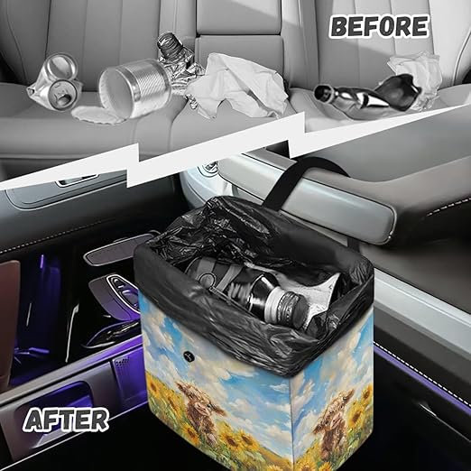 Highland Cattle Sunflower Print Car Trash Can Leakproof Trash Bin Car Garbage Can Hanging Water-Resistant Collapsible Auto Trash Bag Car Accessories for Women Men