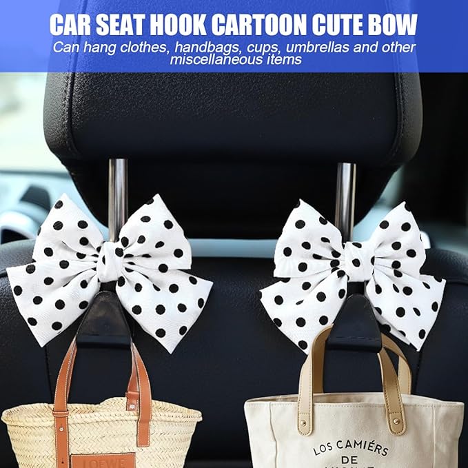 Mandark 2-Piece Car Seat Headrest Hooks - Universal for All Vehicles, Cute Bow Hooks for Purses & Bags, Interior Decoration Accessories (White/Polka Dot)