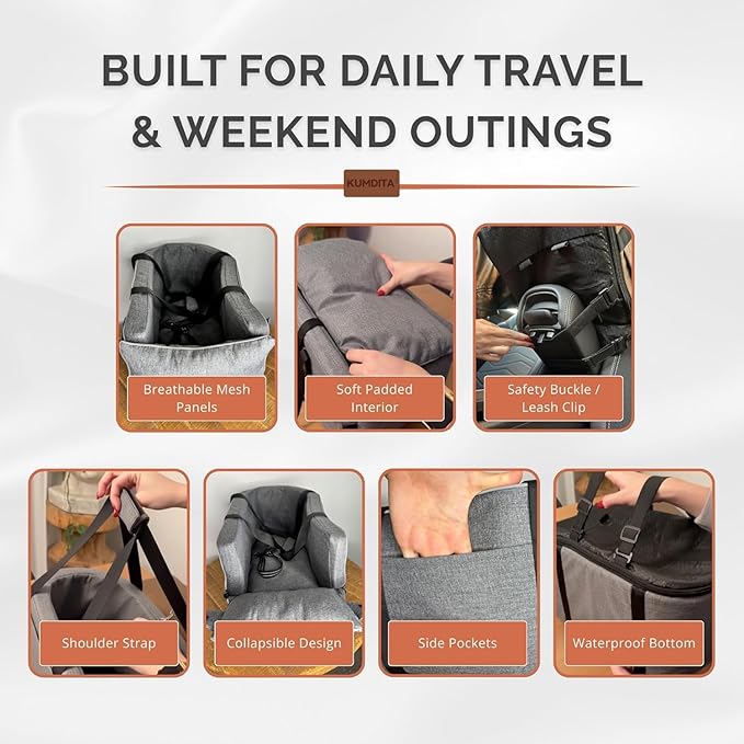 Kumdita Soft Console Dog Car Seat & Carrier for Extra Small Dogs (6–12 lbs). Cozy Center Console Pet Bed for Short Trips. Includes Safety Tether (Gray)