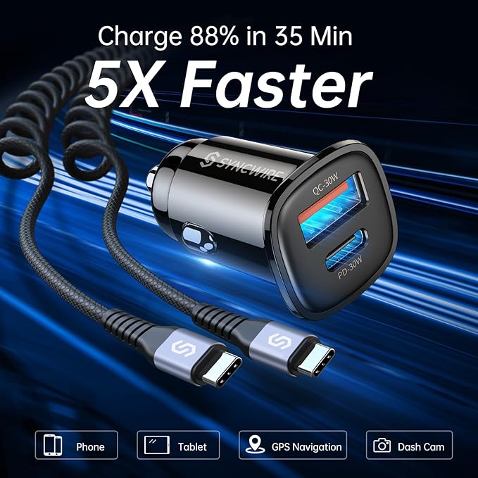 Syncwire USB C Car Charger 60W [PD 30W & QC 30W] Fast Charging USB Adapter with 5FT Type C Coiled Cable Compatible with iPhone 16/16 Plus/16 Pro/16 Pro Max/Galaxy S23/S22/ Google Pixel 7/7Pro