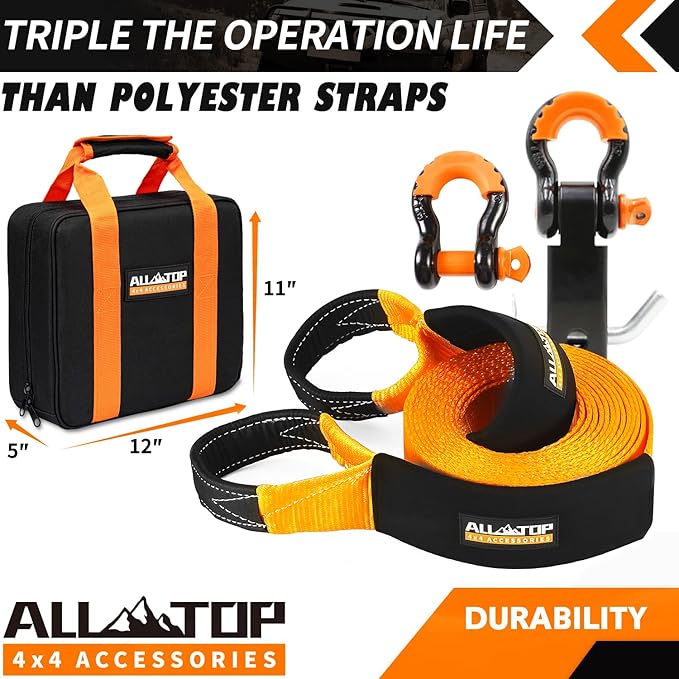 ALL-TOP Nylon Recovery Kit with Hitch Receiver: 3" x 20' (35,000lbs) 100% Nylon Snatch Strap + 2" Shackle Hitch Receiver + 3/4 HD Shackles (2pcs) with Isolator + Storage Bag