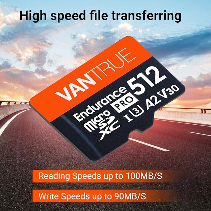 Vantrue 512GB microSDXC UHS-I U3 4K UHD Video High Speed Transfer Monitoring SD Card with Adapter for Dash Cams, Body Cams, Action Camera, Surveillance & Security Cams