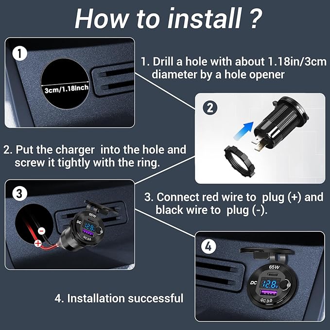 83W 12 Volt USB Outlet Built-in Boost USB C Laptop Car Charger: Ouffun 65W PD3.0 and 18W QC3.0 Car USB Port Aluminum Socket with Button Switch Smart Voltmeter, Suitable for Car RV Marine Golf Cart