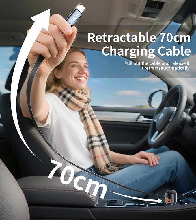 XXZU 60W 3 in 1 Retractable Car Charger, USB C & USB A 3-Port Cigarette Lighter Adapter,Fast Charging Charger Compatible with iPhone 17/16/15/14/13/12/11,iPad,Galaxy,Pixel,Android