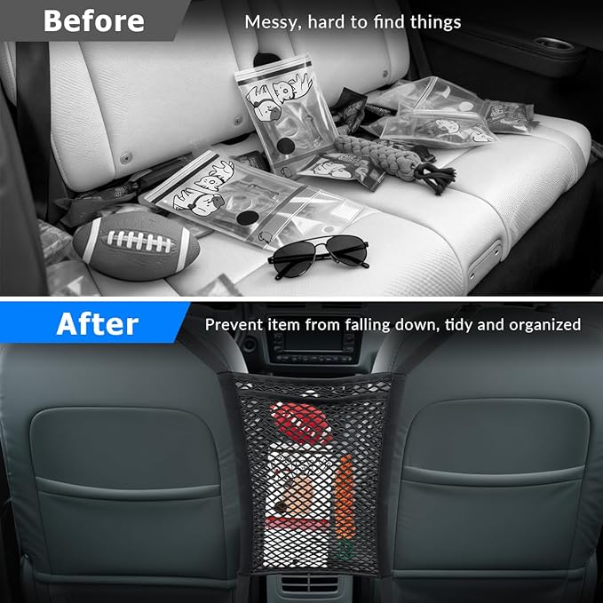 MARCHFA Car Mesh Organizer Car Barrier for Dogs Console Storage Net for Tissue Purse Bag Seat Back Organizer Net (Black) (for Split Seats)
